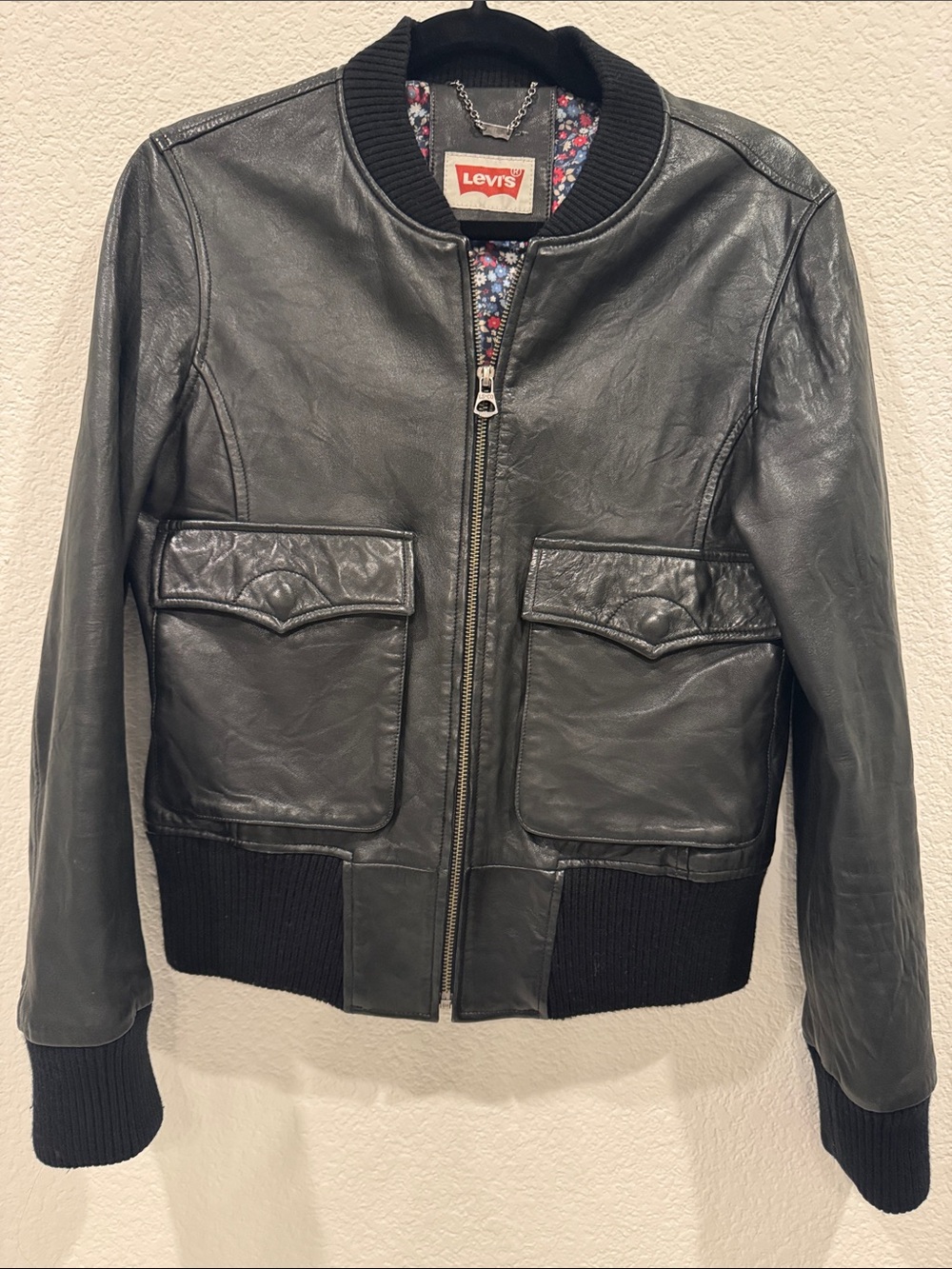 Levi's 100% Lamb Leather Bomber Jacket Floral Print Lined Black